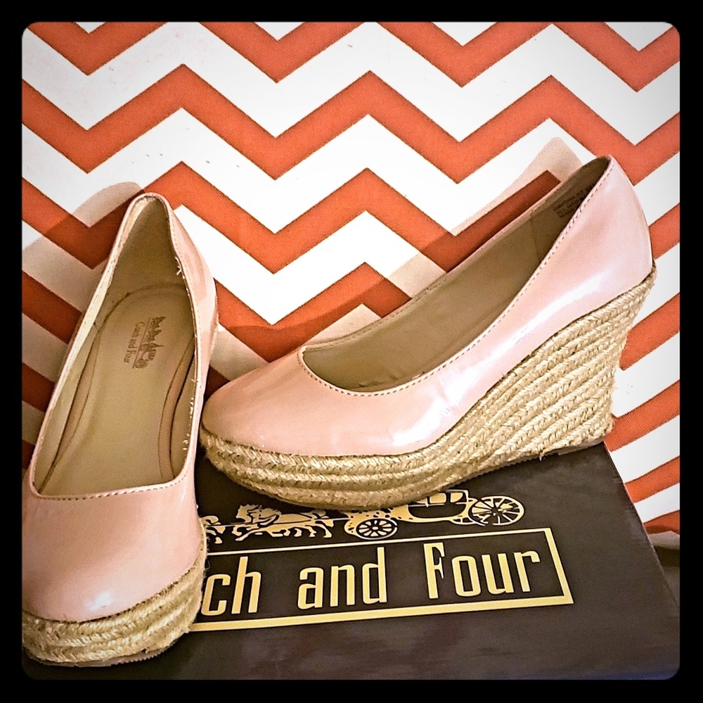 Blush colored women's Coach and Four wedge heels